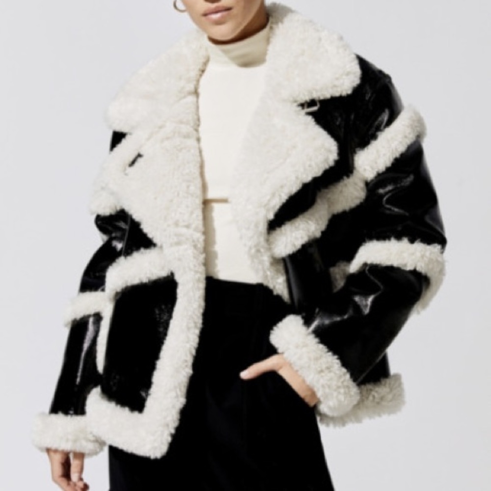 NWT STAND STUDIO Melendy Jacket, Faux Sherling Shiny, Black/Off White Sz 40